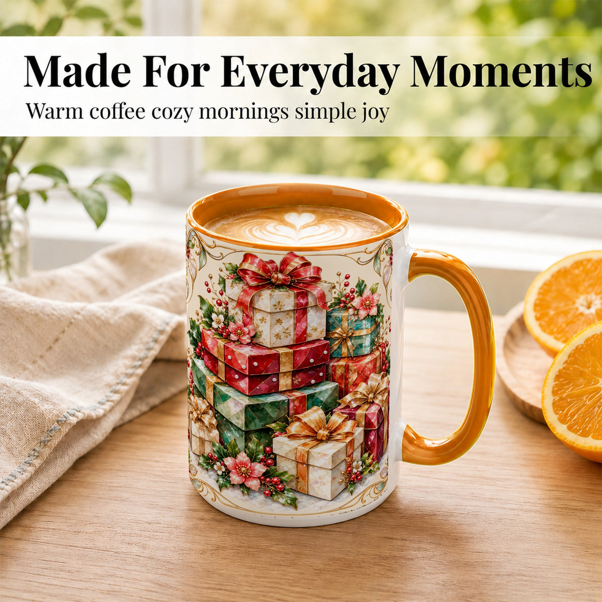 #pl[15oz|Orange] Christmas Gift Boxes Coffee Mug, Jewel Style Holiday Mug, Ceramic Cup
