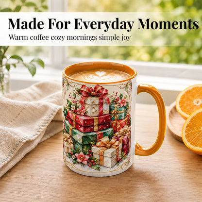 #pl[15oz|Orange] Christmas Gift Boxes Coffee Mug, Jewel Style Holiday Mug, Ceramic Cup