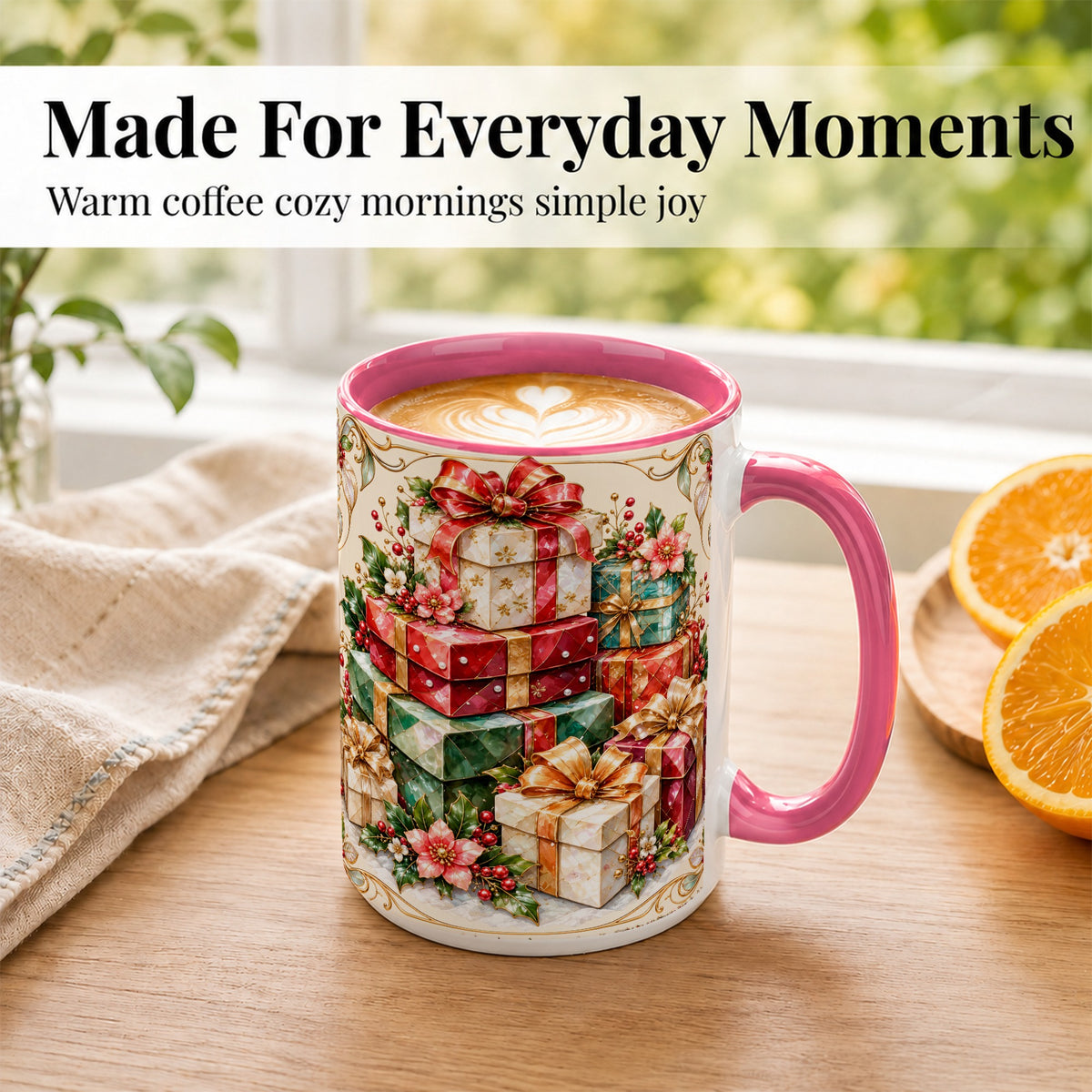 #pl[15oz|Pink] Christmas Gift Boxes Coffee Mug, Jewel Style Holiday Mug, Ceramic Cup