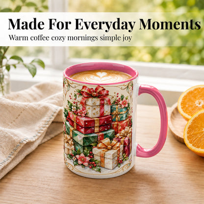 #pl[15oz|Pink] Christmas Gift Boxes Coffee Mug, Jewel Style Holiday Mug, Ceramic Cup