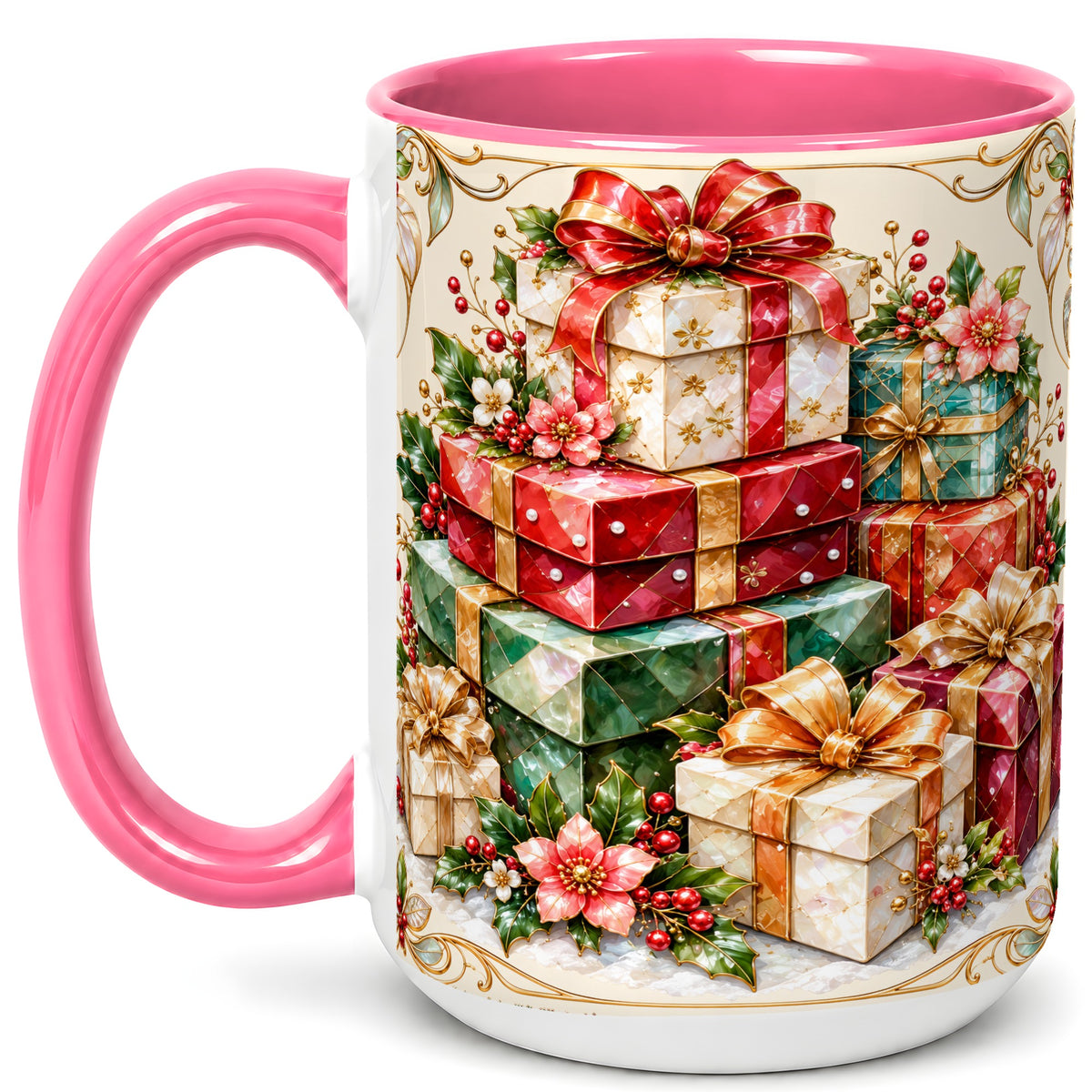 #pl[15oz|Pink] Christmas Gift Boxes Coffee Mug, Jewel Style Holiday Mug, Ceramic Cup