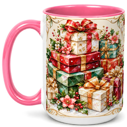 #pl[15oz|Pink] Christmas Gift Boxes Coffee Mug, Jewel Style Holiday Mug, Ceramic Cup