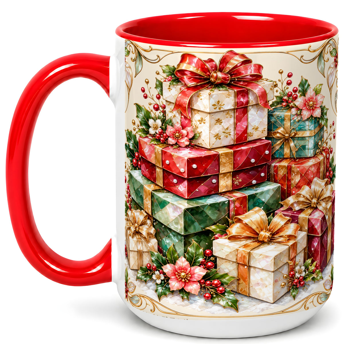 #pl[15oz|Red] Christmas Gift Boxes Coffee Mug, Jewel Style Holiday Mug, Ceramic Cup