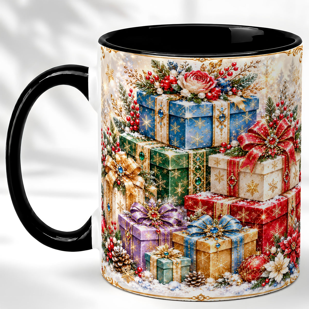 #pl[11oz|Black] Sparkling Christmas Gifts Coffee Mug, Snowflake Presents Mug, Ceramic Cup