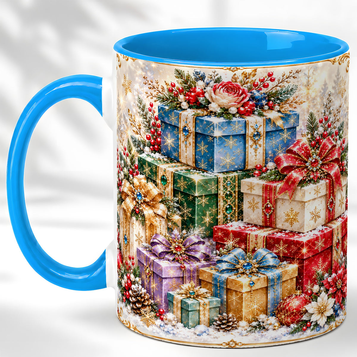 #pl[11oz|Blue] Sparkling Christmas Gifts Coffee Mug, Snowflake Presents Mug, Ceramic Cup