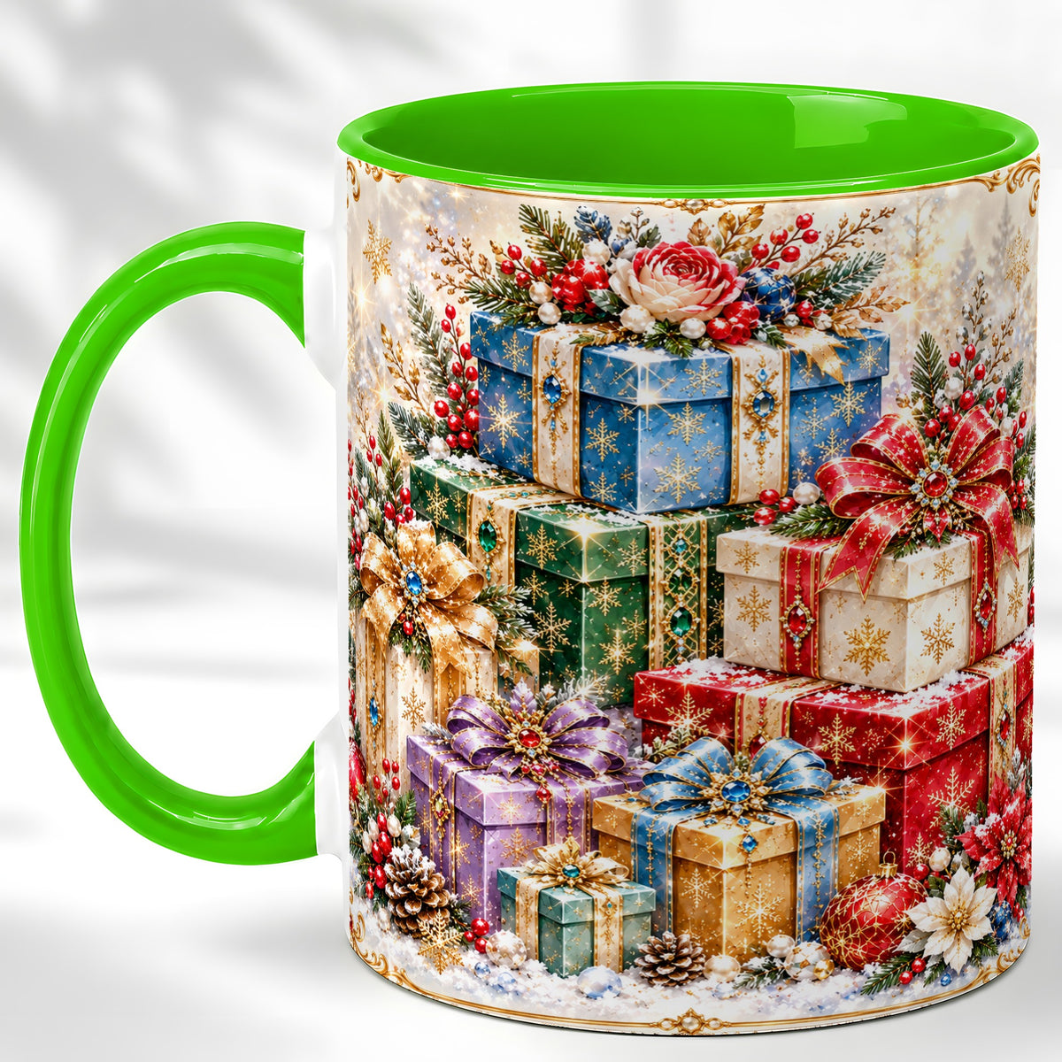 #pl[11oz|Green] Sparkling Christmas Gifts Coffee Mug, Snowflake Presents Mug, Ceramic Cup