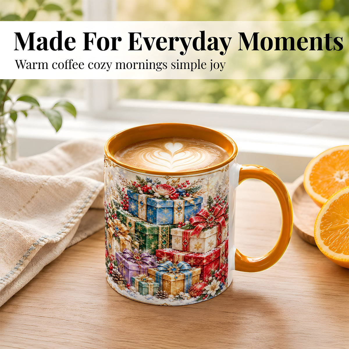#pl[11oz|Orange] Sparkling Christmas Gifts Coffee Mug, Snowflake Presents Mug, Ceramic Cup