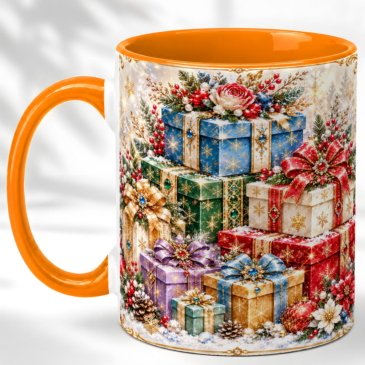 #pl[11oz|Orange] Sparkling Christmas Gifts Coffee Mug, Snowflake Presents Mug, Ceramic Cup