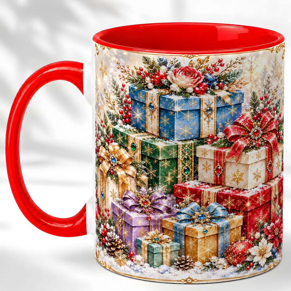 Sparkling Christmas Gifts Coffee Mug, Snowflake Presents Mug, Ceramic Cup