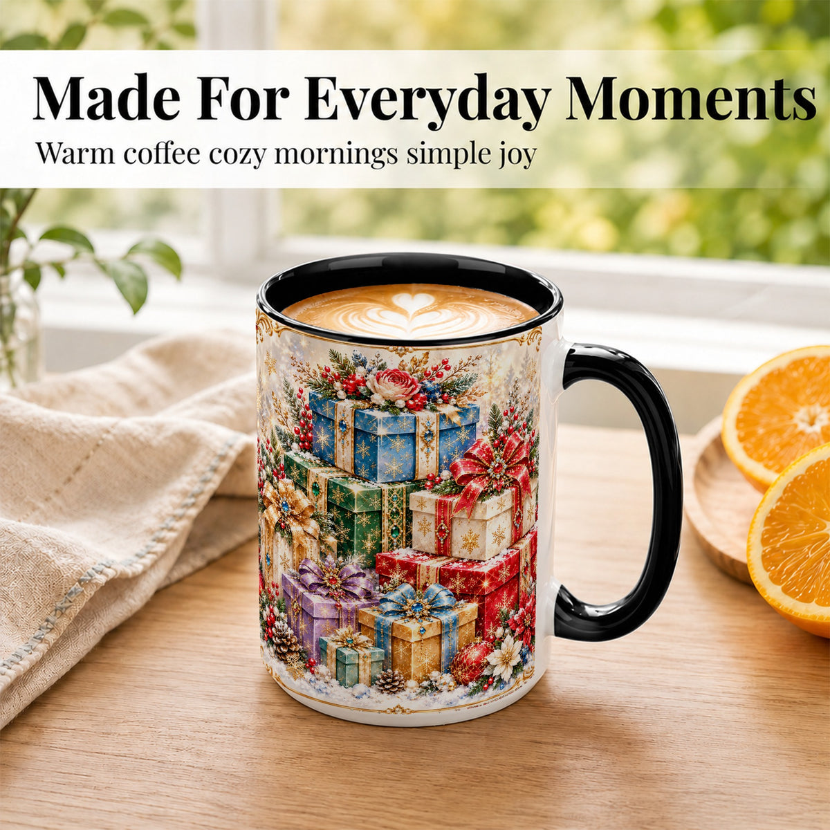 #pl[15oz|Black] Sparkling Christmas Gifts Coffee Mug, Snowflake Presents Mug, Ceramic Cup