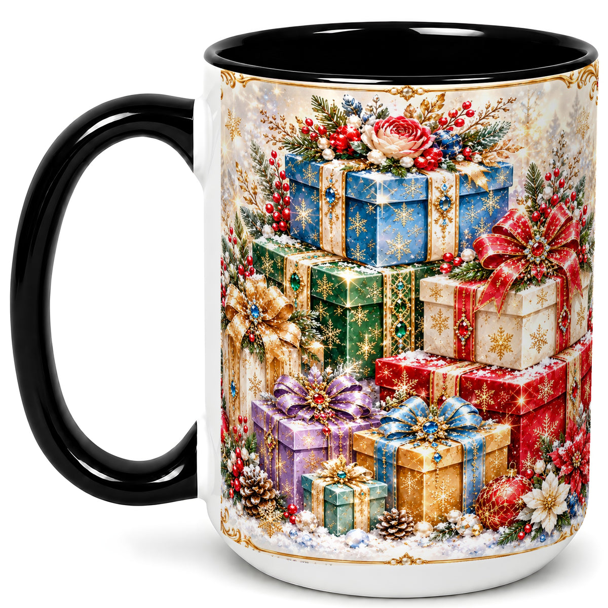 #pl[15oz|Black] Sparkling Christmas Gifts Coffee Mug, Snowflake Presents Mug, Ceramic Cup