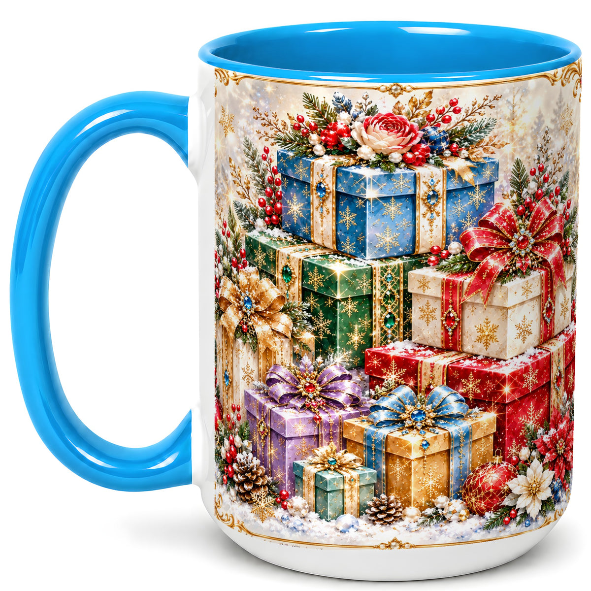 #pl[15oz|Blue] Sparkling Christmas Gifts Coffee Mug, Snowflake Presents Mug, Ceramic Cup