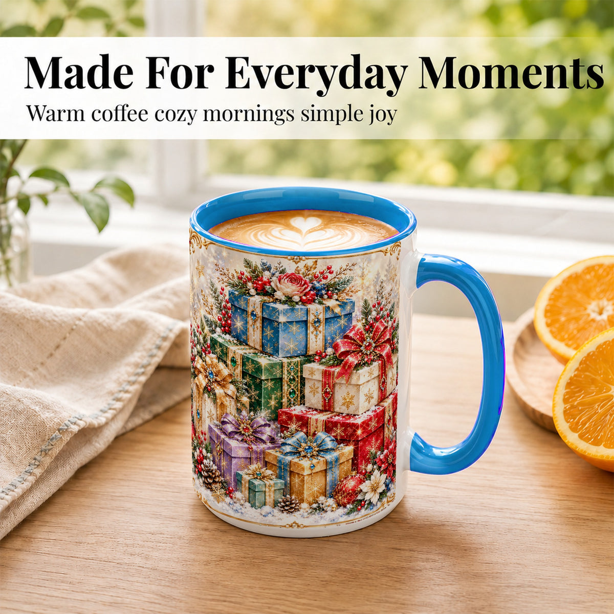 #pl[15oz|Blue] Sparkling Christmas Gifts Coffee Mug, Snowflake Presents Mug, Ceramic Cup