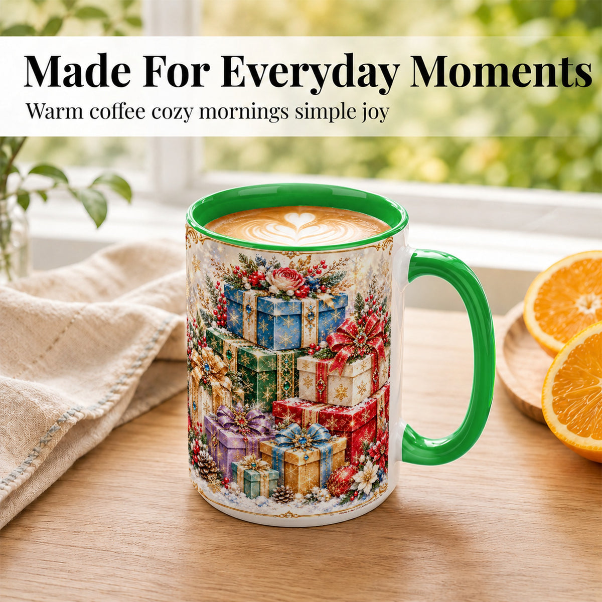 #pl[15oz|Green] Sparkling Christmas Gifts Coffee Mug, Snowflake Presents Mug, Ceramic Cup