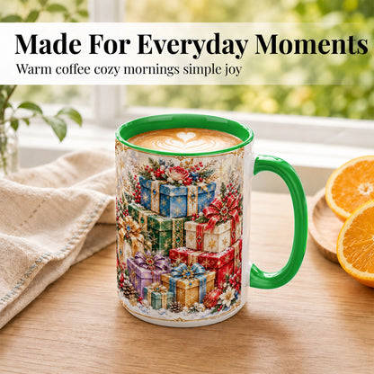 #pl[15oz|Green] Sparkling Christmas Gifts Coffee Mug, Snowflake Presents Mug, Ceramic Cup