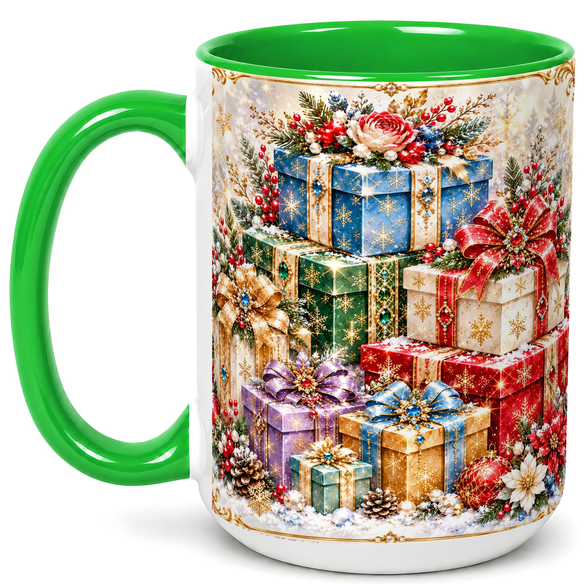 #pl[15oz|Green] Sparkling Christmas Gifts Coffee Mug, Snowflake Presents Mug, Ceramic Cup