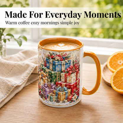 #pl[15oz|Orange] Sparkling Christmas Gifts Coffee Mug, Snowflake Presents Mug, Ceramic Cup