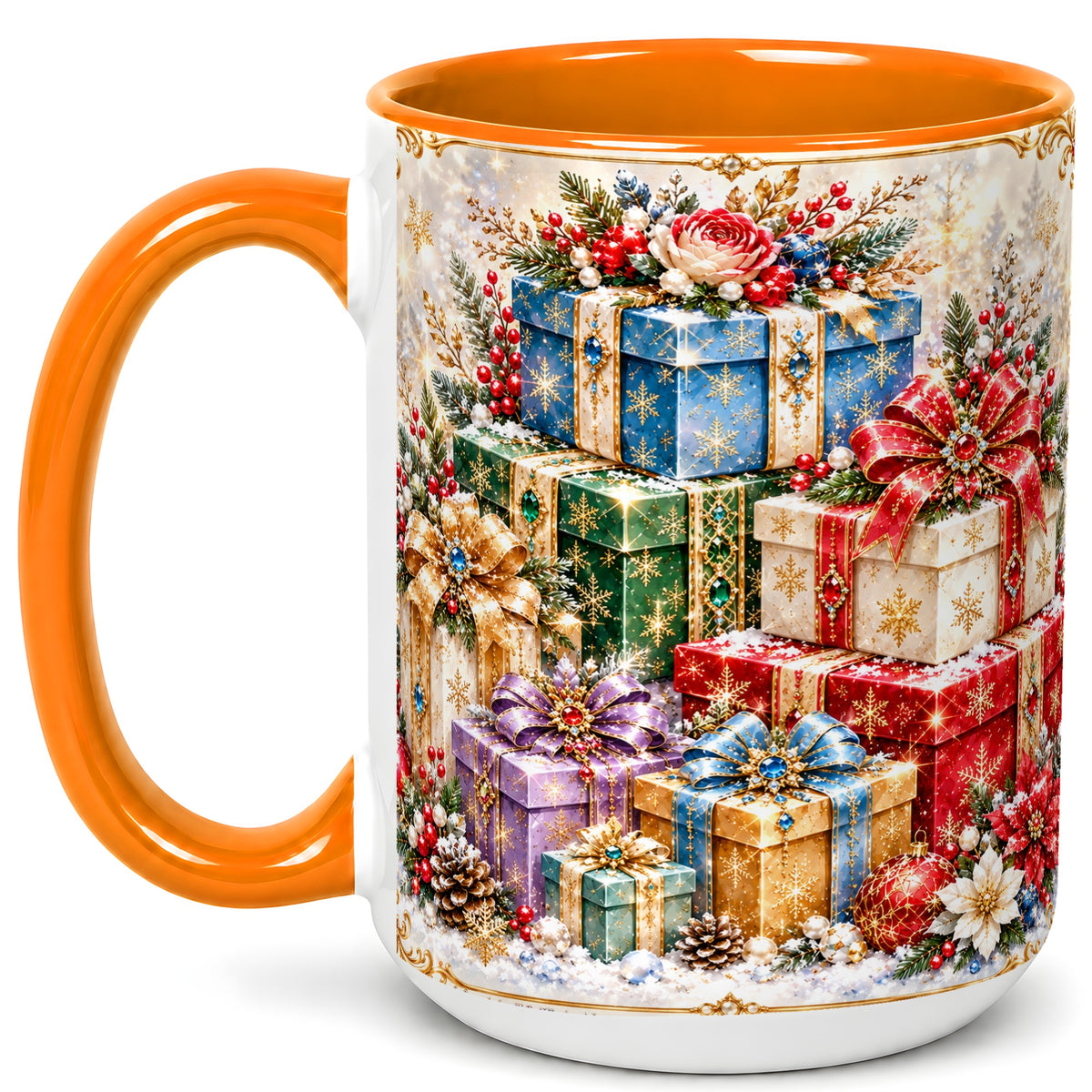#pl[15oz|Orange] Sparkling Christmas Gifts Coffee Mug, Snowflake Presents Mug, Ceramic Cup