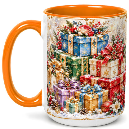 #pl[15oz|Orange] Sparkling Christmas Gifts Coffee Mug, Snowflake Presents Mug, Ceramic Cup