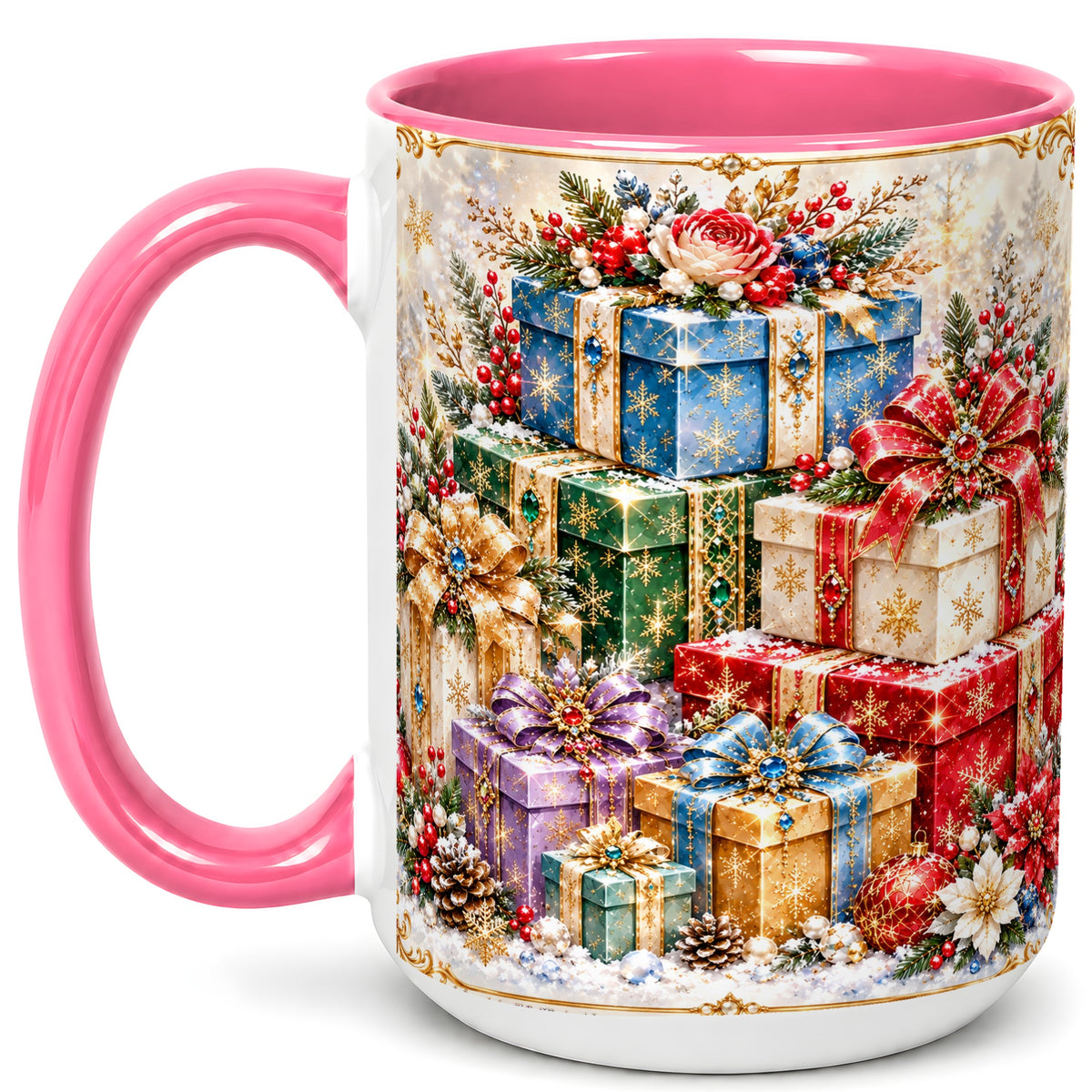 #pl[15oz|Pink] Sparkling Christmas Gifts Coffee Mug, Snowflake Presents Mug, Ceramic Cup