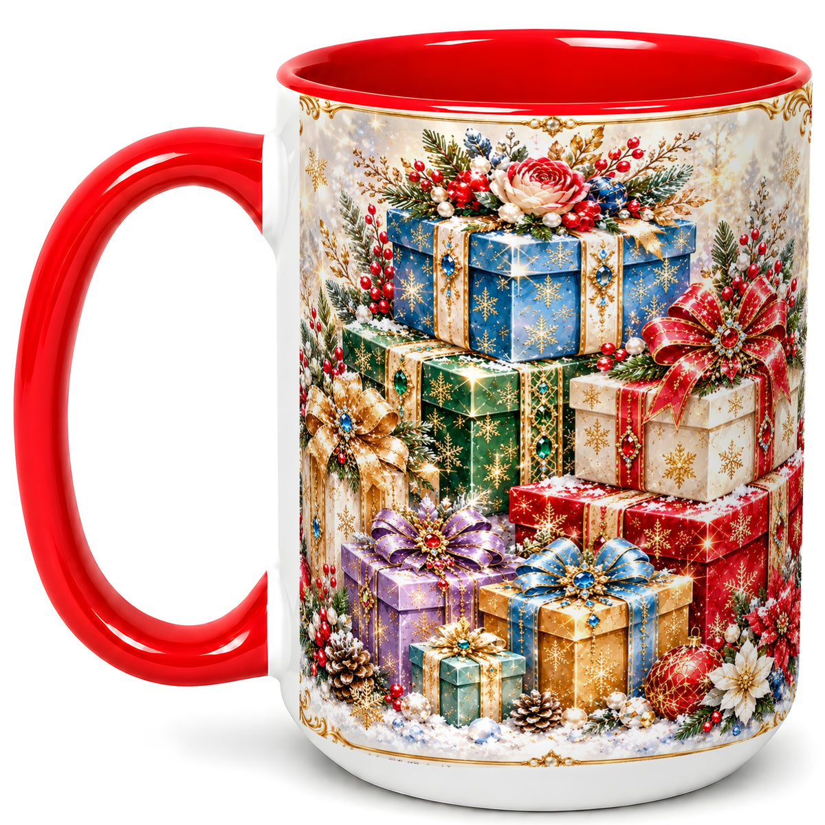 #pl[15oz|Red] Sparkling Christmas Gifts Coffee Mug, Snowflake Presents Mug, Ceramic Cup