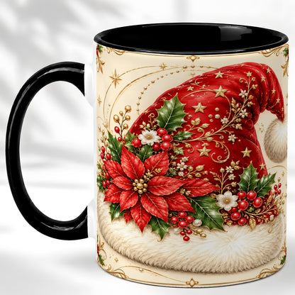 #pl[11oz|Black] Santa Hat Coffee Mug, Christmas Poinsettia Floral Mug, Ceramic Cup
