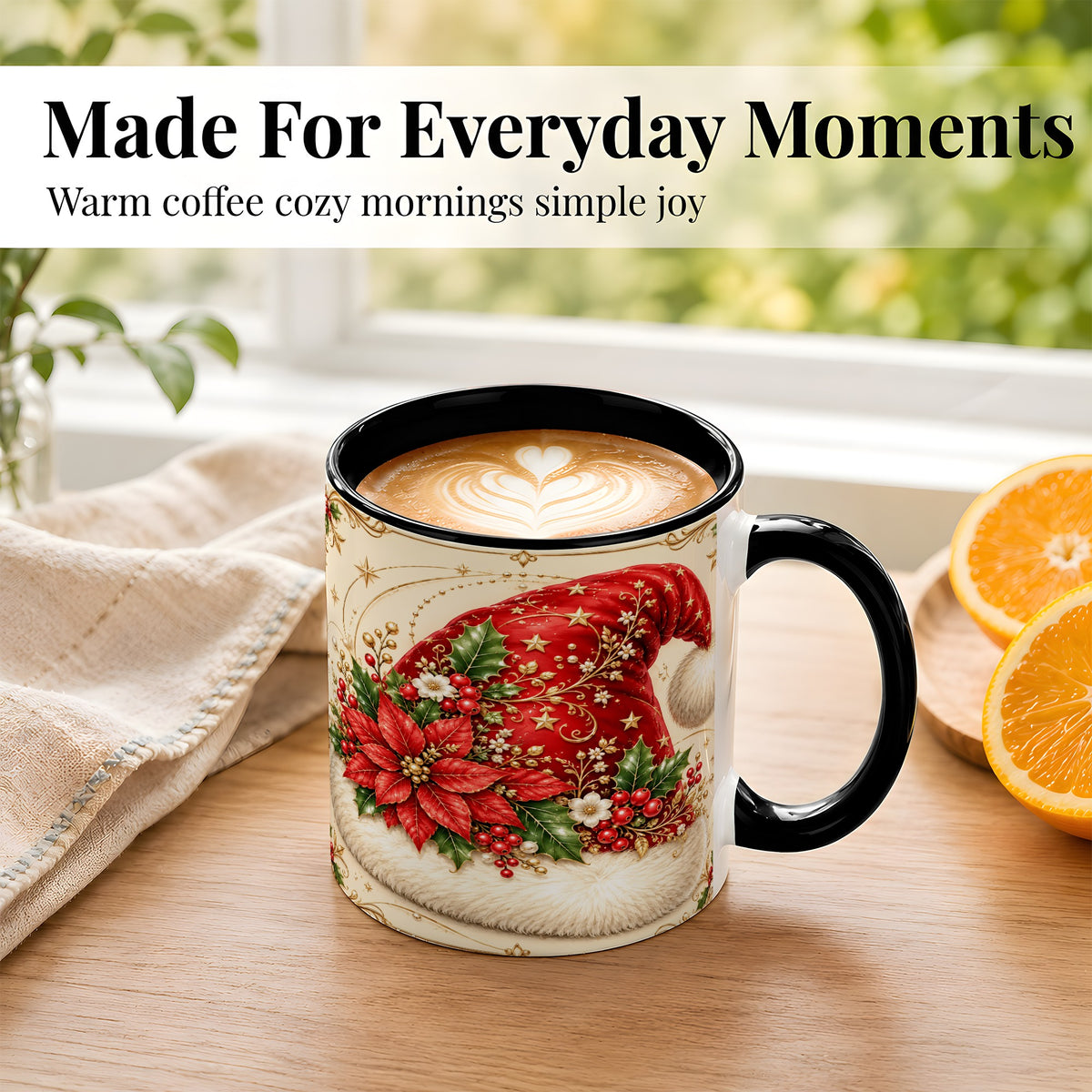 #pl[11oz|Black] Santa Hat Coffee Mug, Christmas Poinsettia Floral Mug, Ceramic Cup