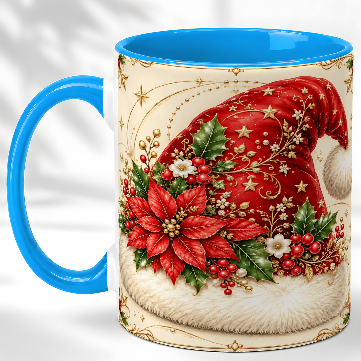 #pl[11oz|Blue] Santa Hat Coffee Mug, Christmas Poinsettia Floral Mug, Ceramic Cup