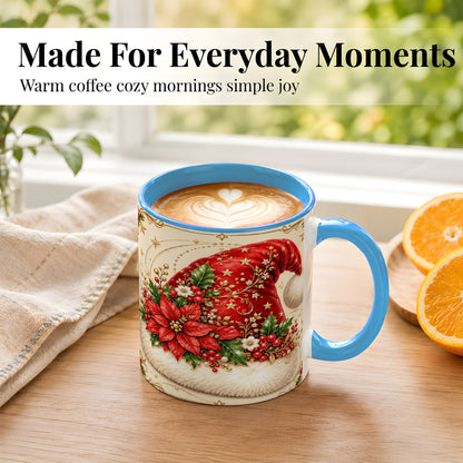 #pl[11oz|Blue] Santa Hat Coffee Mug, Christmas Poinsettia Floral Mug, Ceramic Cup
