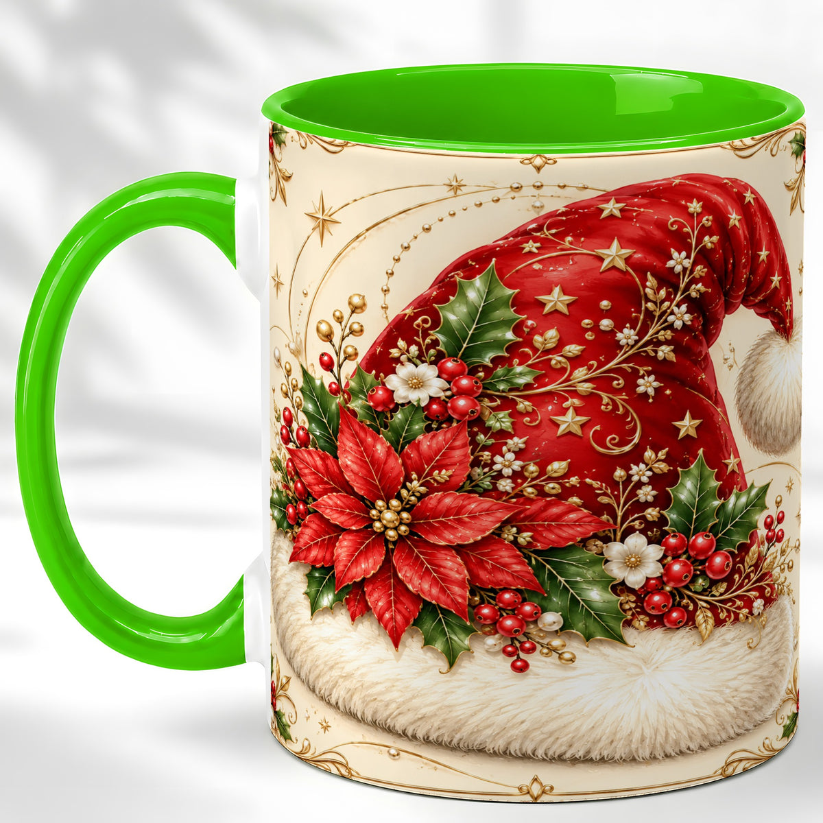 #pl[11oz|Green] Santa Hat Coffee Mug, Christmas Poinsettia Floral Mug, Ceramic Cup