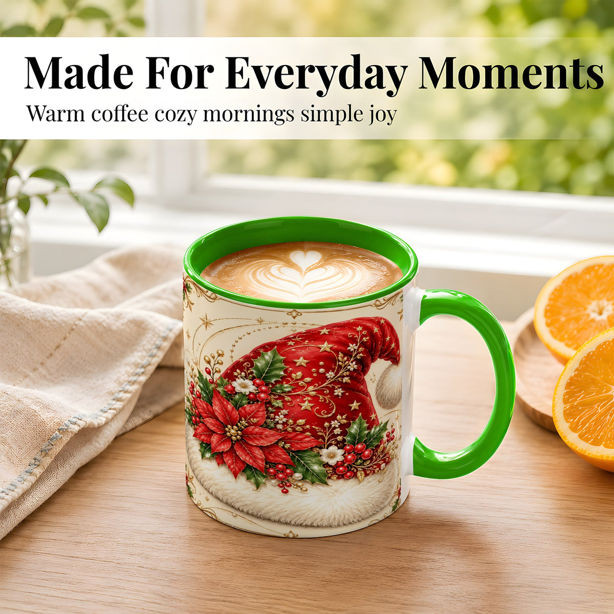 #pl[11oz|Green] Santa Hat Coffee Mug, Christmas Poinsettia Floral Mug, Ceramic Cup