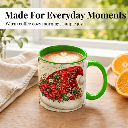 #pl[11oz|Green] Santa Hat Coffee Mug, Christmas Poinsettia Floral Mug, Ceramic Cup