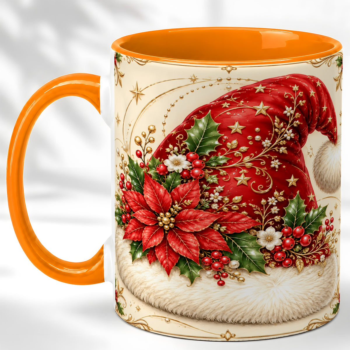 #pl[11oz|Orange] Santa Hat Coffee Mug, Christmas Poinsettia Floral Mug, Ceramic Cup