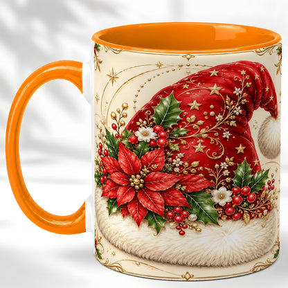 #pl[11oz|Orange] Santa Hat Coffee Mug, Christmas Poinsettia Floral Mug, Ceramic Cup