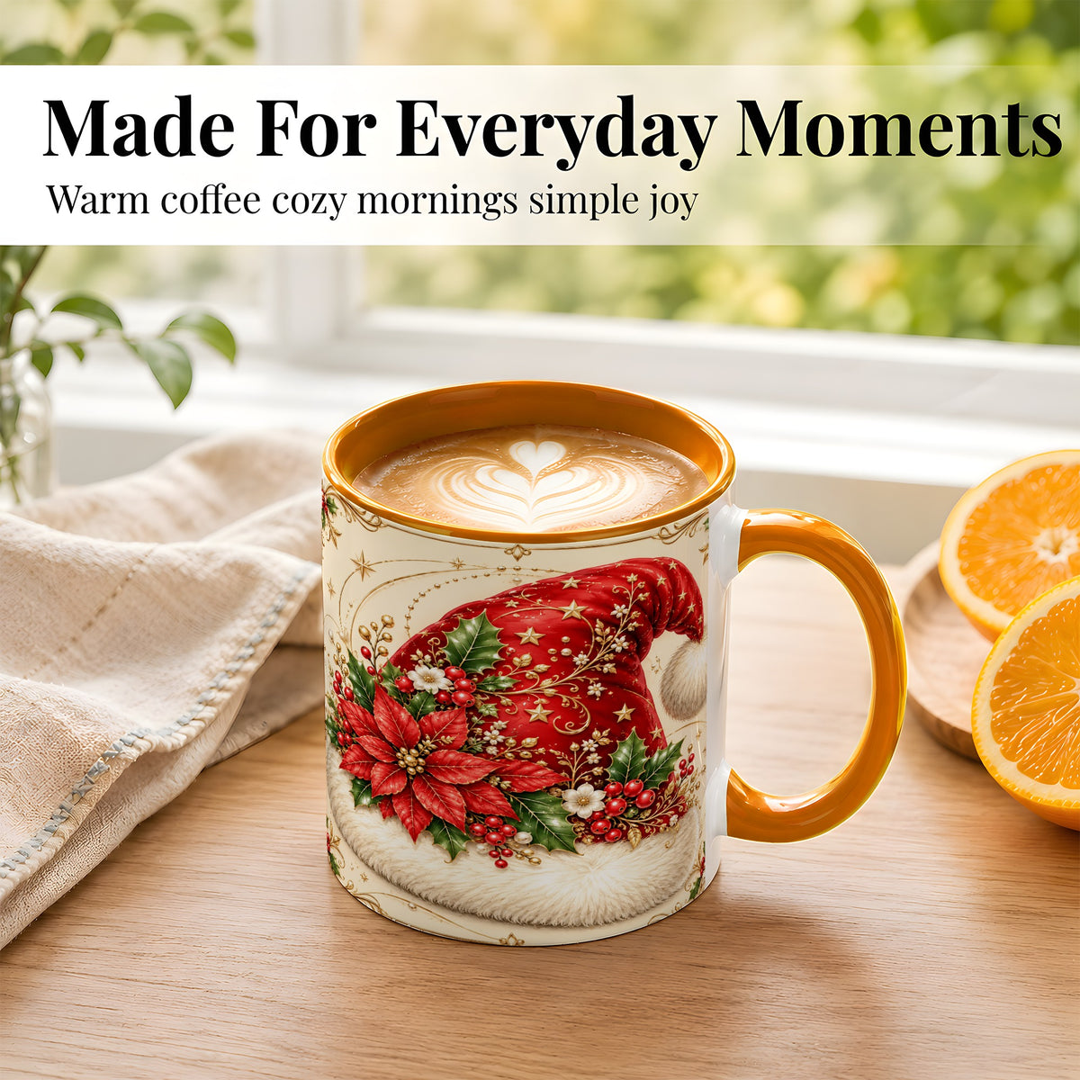 #pl[11oz|Orange] Santa Hat Coffee Mug, Christmas Poinsettia Floral Mug, Ceramic Cup