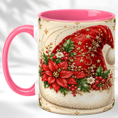 #pl[11oz|Pink] Santa Hat Coffee Mug, Christmas Poinsettia Floral Mug, Ceramic Cup