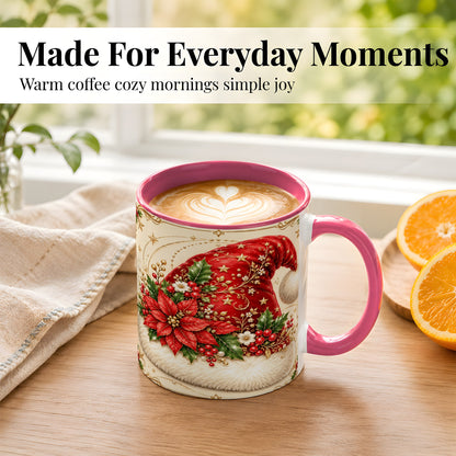 #pl[11oz|Pink] Santa Hat Coffee Mug, Christmas Poinsettia Floral Mug, Ceramic Cup