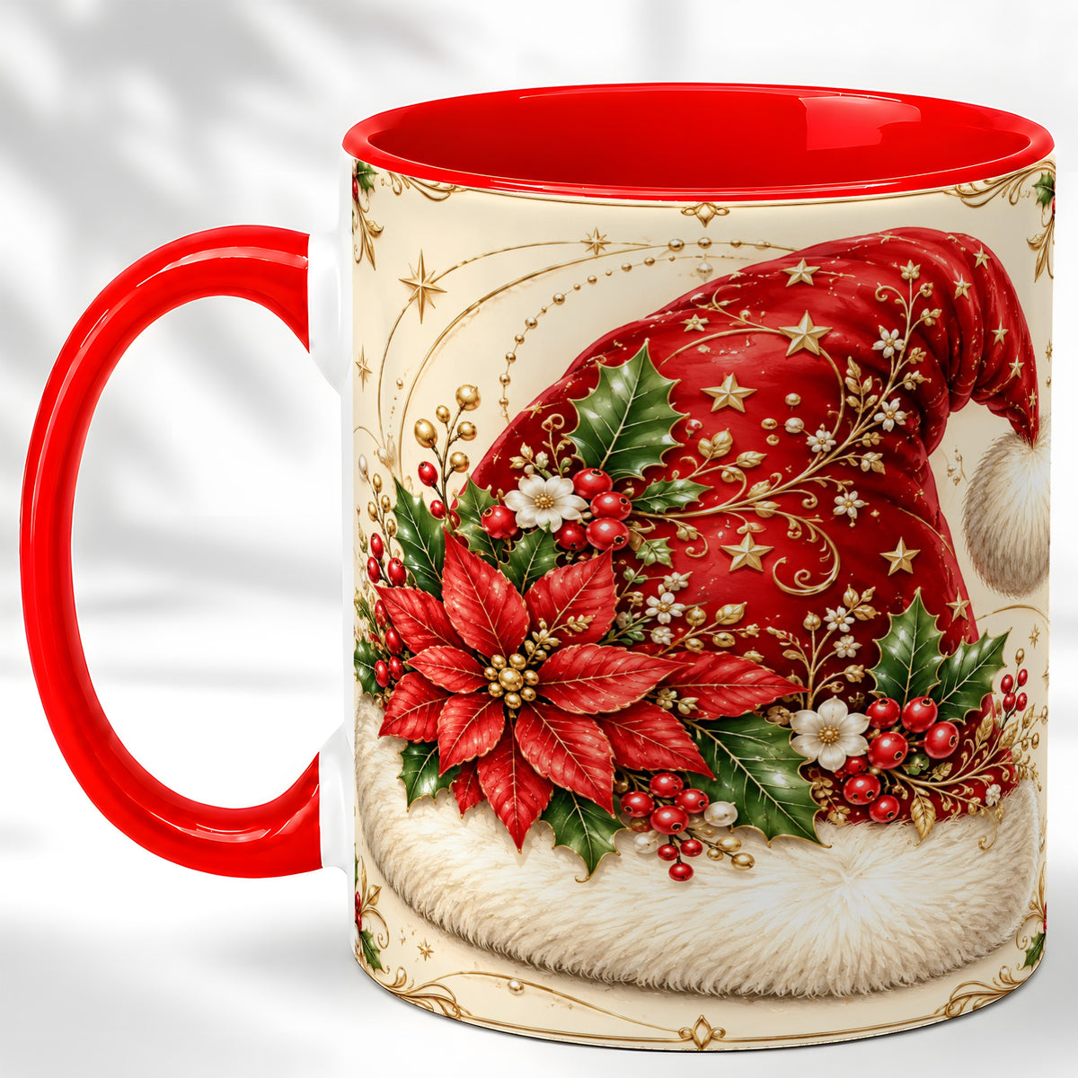 Santa Hat Coffee Mug, Christmas Poinsettia Floral Mug, Ceramic Cup