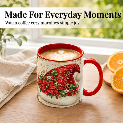 #pl[11oz|Red] Santa Hat Coffee Mug, Christmas Poinsettia Floral Mug, Ceramic Cup
