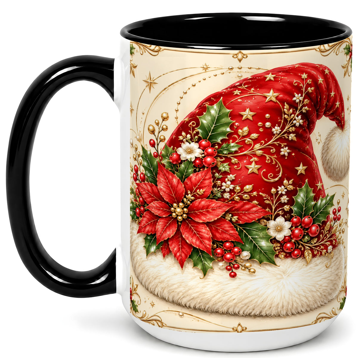 #pl[15oz|Black] Santa Hat Coffee Mug, Christmas Poinsettia Floral Mug, Ceramic Cup