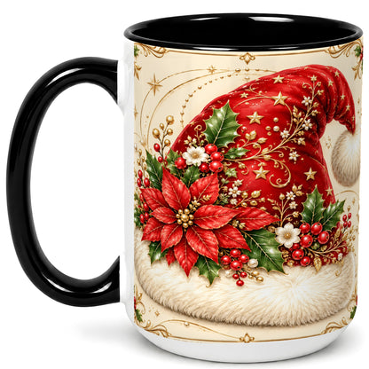 #pl[15oz|Black] Santa Hat Coffee Mug, Christmas Poinsettia Floral Mug, Ceramic Cup