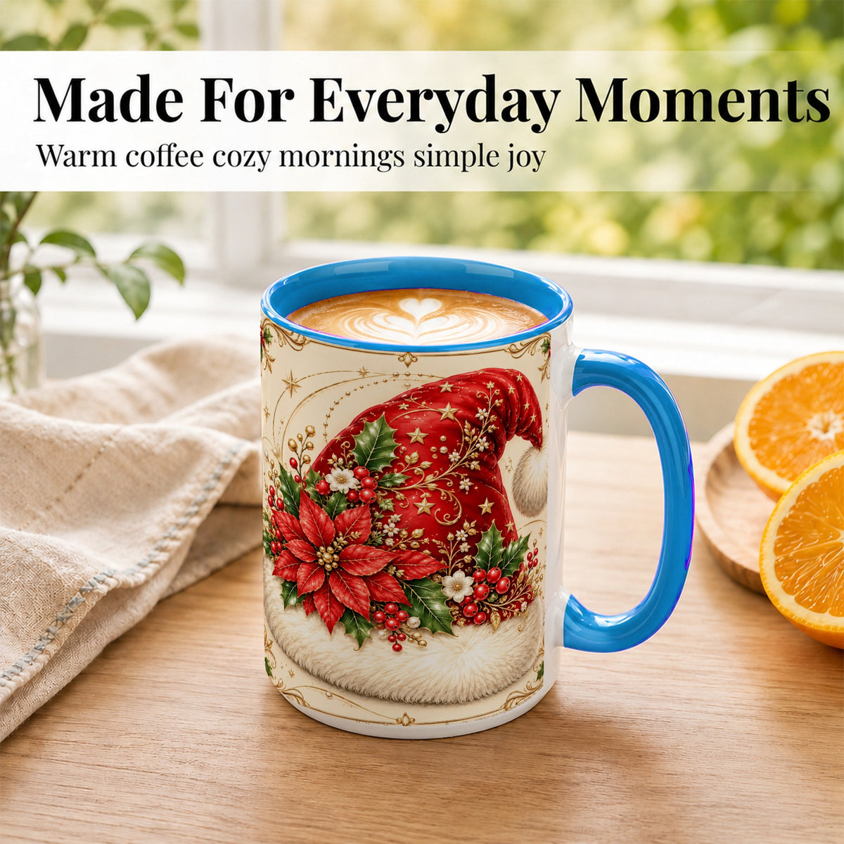 #pl[15oz|Blue] Santa Hat Coffee Mug, Christmas Poinsettia Floral Mug, Ceramic Cup