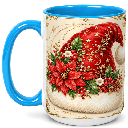 #pl[15oz|Blue] Santa Hat Coffee Mug, Christmas Poinsettia Floral Mug, Ceramic Cup