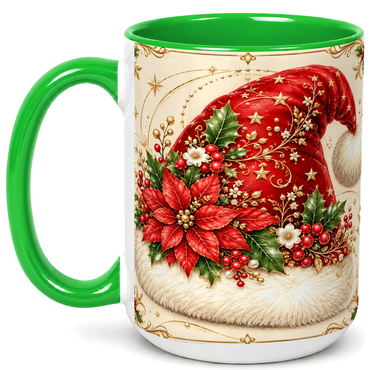 #pl[15oz|Green] Santa Hat Coffee Mug, Christmas Poinsettia Floral Mug, Ceramic Cup