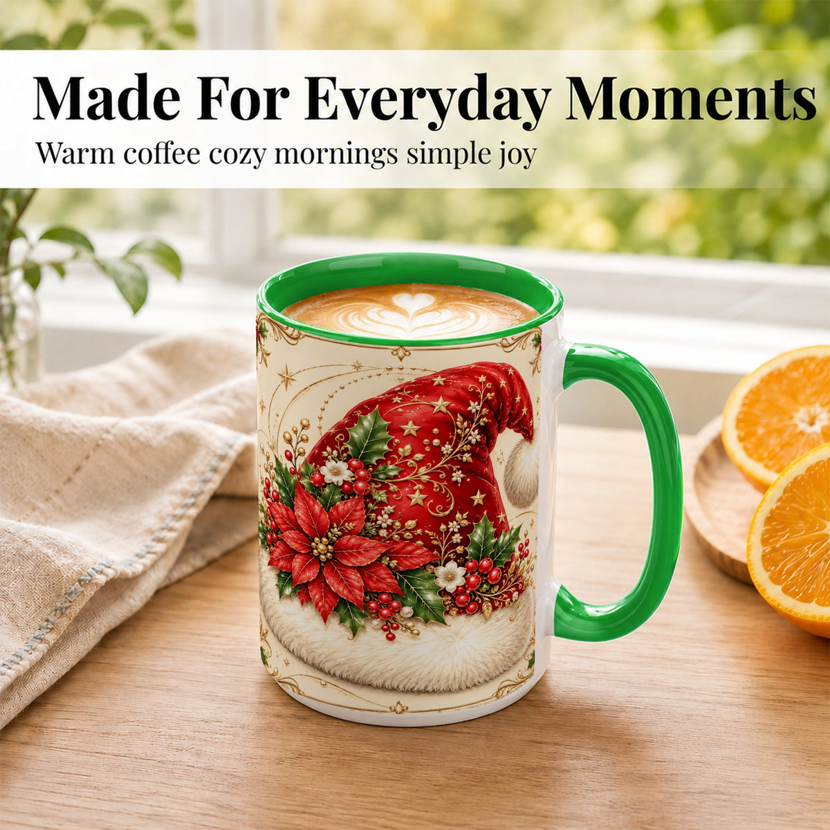 #pl[15oz|Green] Santa Hat Coffee Mug, Christmas Poinsettia Floral Mug, Ceramic Cup