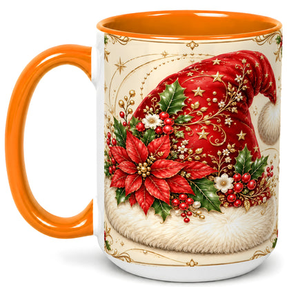 #pl[15oz|Orange] Santa Hat Coffee Mug, Christmas Poinsettia Floral Mug, Ceramic Cup