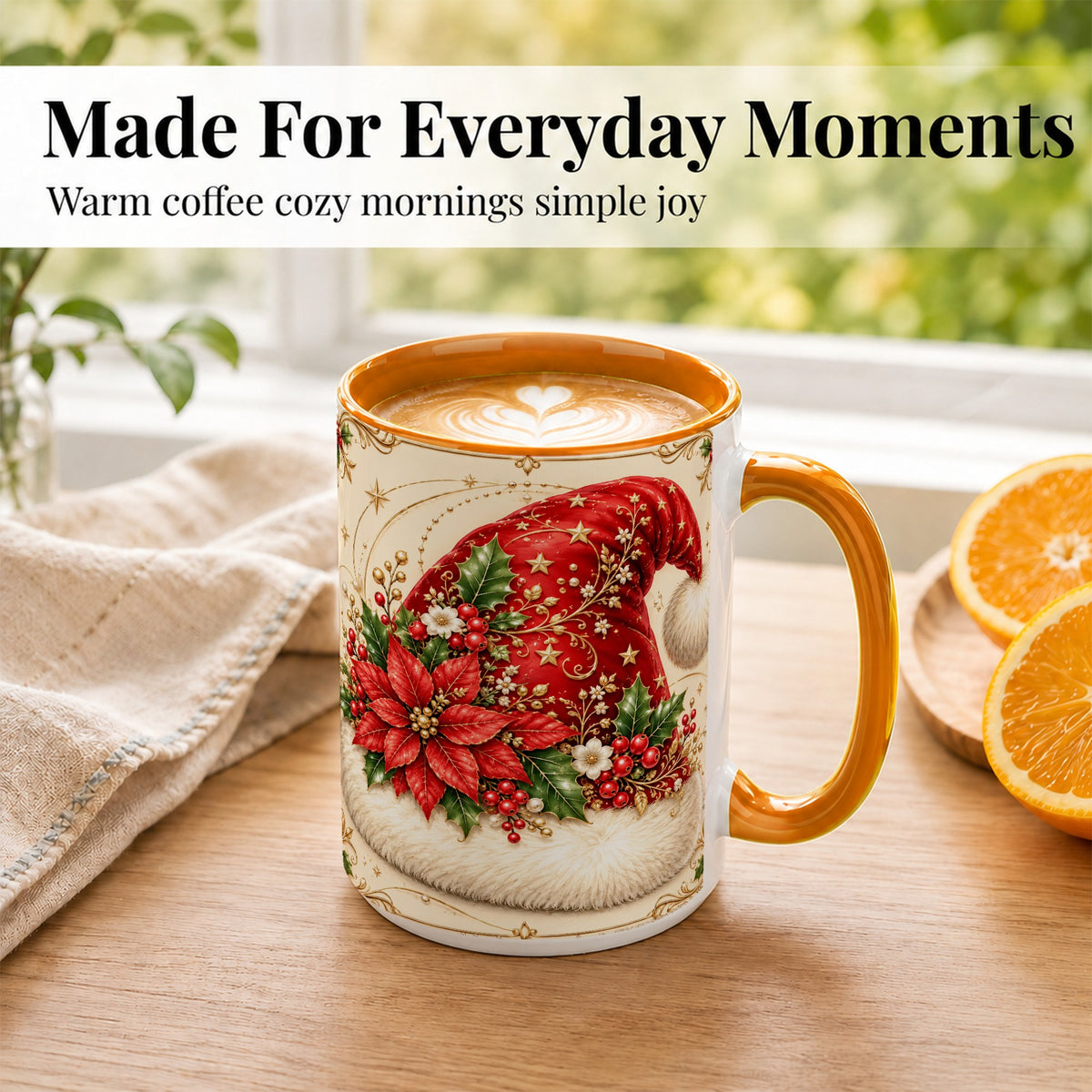 #pl[15oz|Orange] Santa Hat Coffee Mug, Christmas Poinsettia Floral Mug, Ceramic Cup