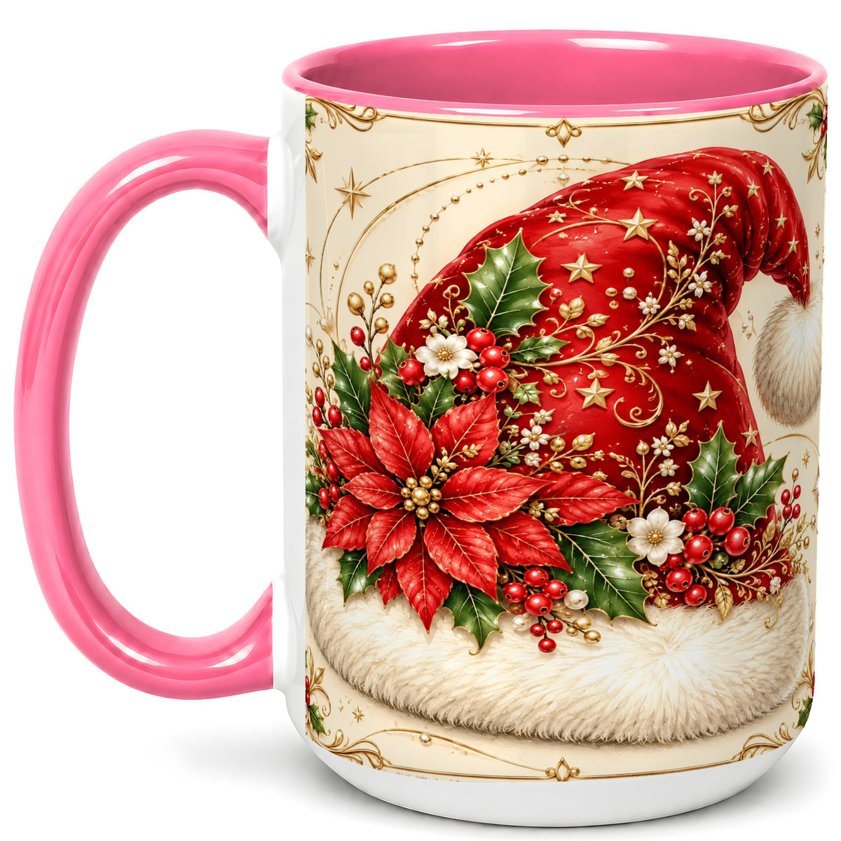 #pl[15oz|Pink] Santa Hat Coffee Mug, Christmas Poinsettia Floral Mug, Ceramic Cup