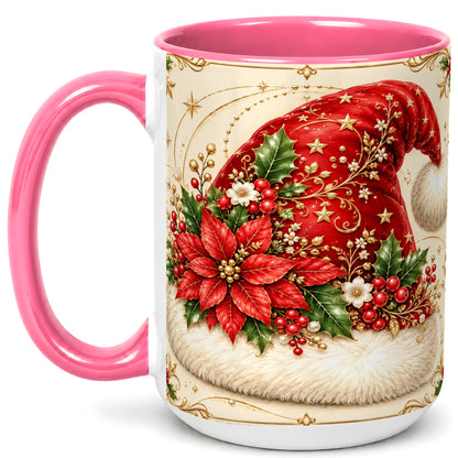 #pl[15oz|Pink] Santa Hat Coffee Mug, Christmas Poinsettia Floral Mug, Ceramic Cup