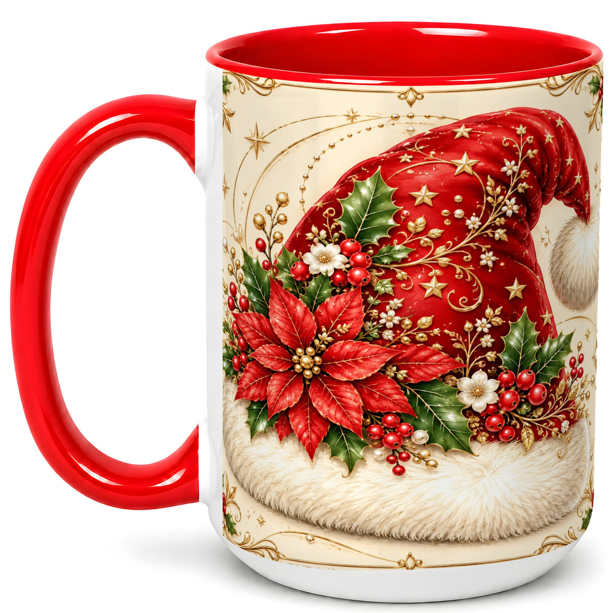 #pl[15oz|Red] Santa Hat Coffee Mug, Christmas Poinsettia Floral Mug, Ceramic Cup